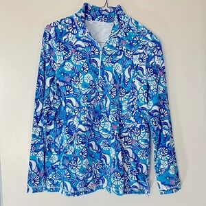 Talbots 1/4 zip seashell print pullover in blue and white, size M